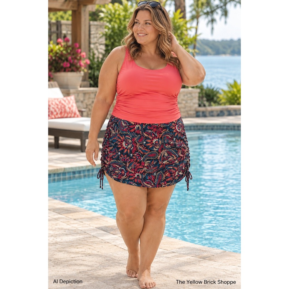 Lands' End 18W Paisley Swim Skirt Ruched Side Tie Plus Size Swimsuit Bottom